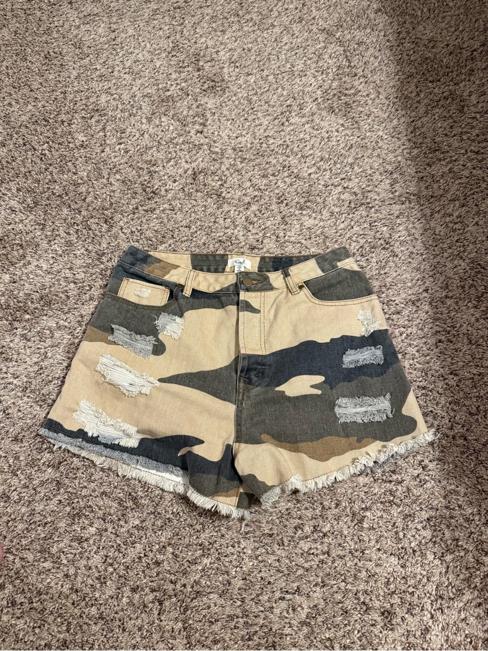 easel Camo Distressed Denim Shorts in Tan and Olive